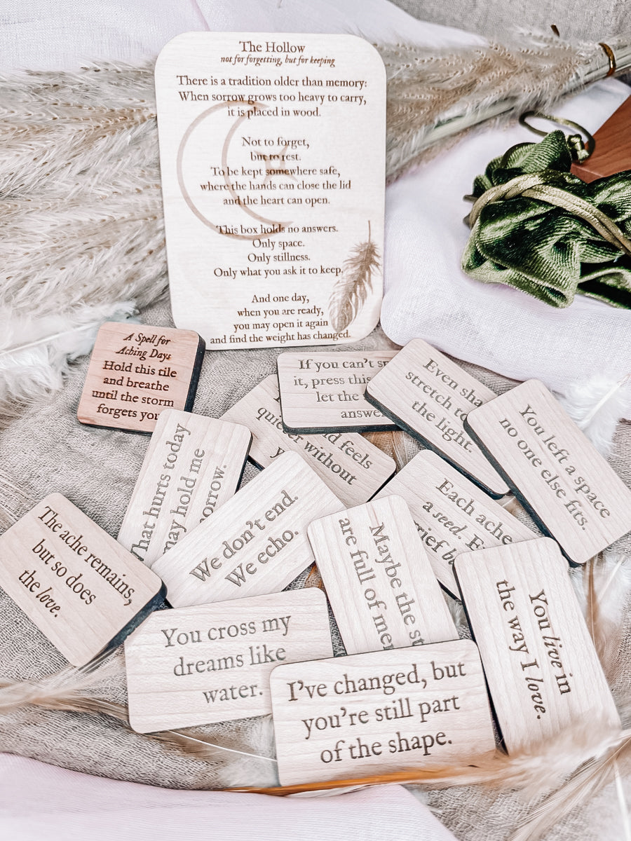 The Hollow – Grief Support Box Set (Personalized) | 20 engraved tiles in a handmade cherry box