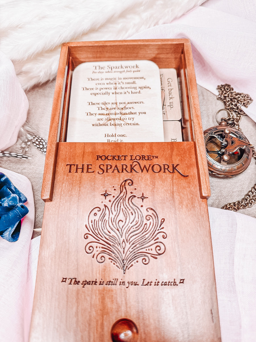 The Sparkwork – Motivation Tile Box (Personalized) | A solid cherry box of 20 engraved reminders to begin again
