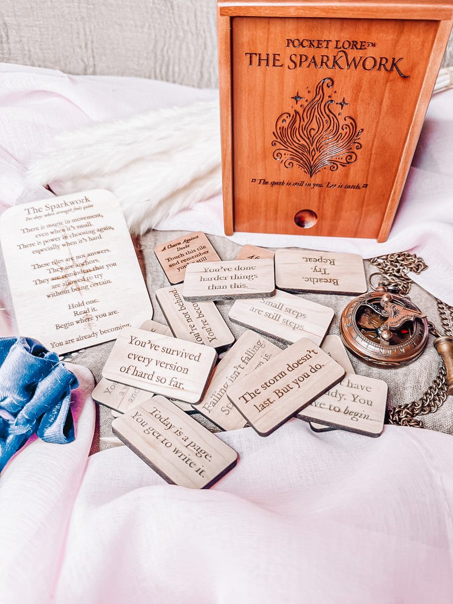 The Sparkwork – Motivation Tile Box (Personalized) | A solid cherry box of 20 engraved reminders to begin again