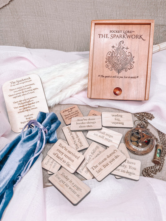 The Sparkwork – Motivation Tile Box (Personalized) | A solid cherry box of 20 engraved reminders to begin again